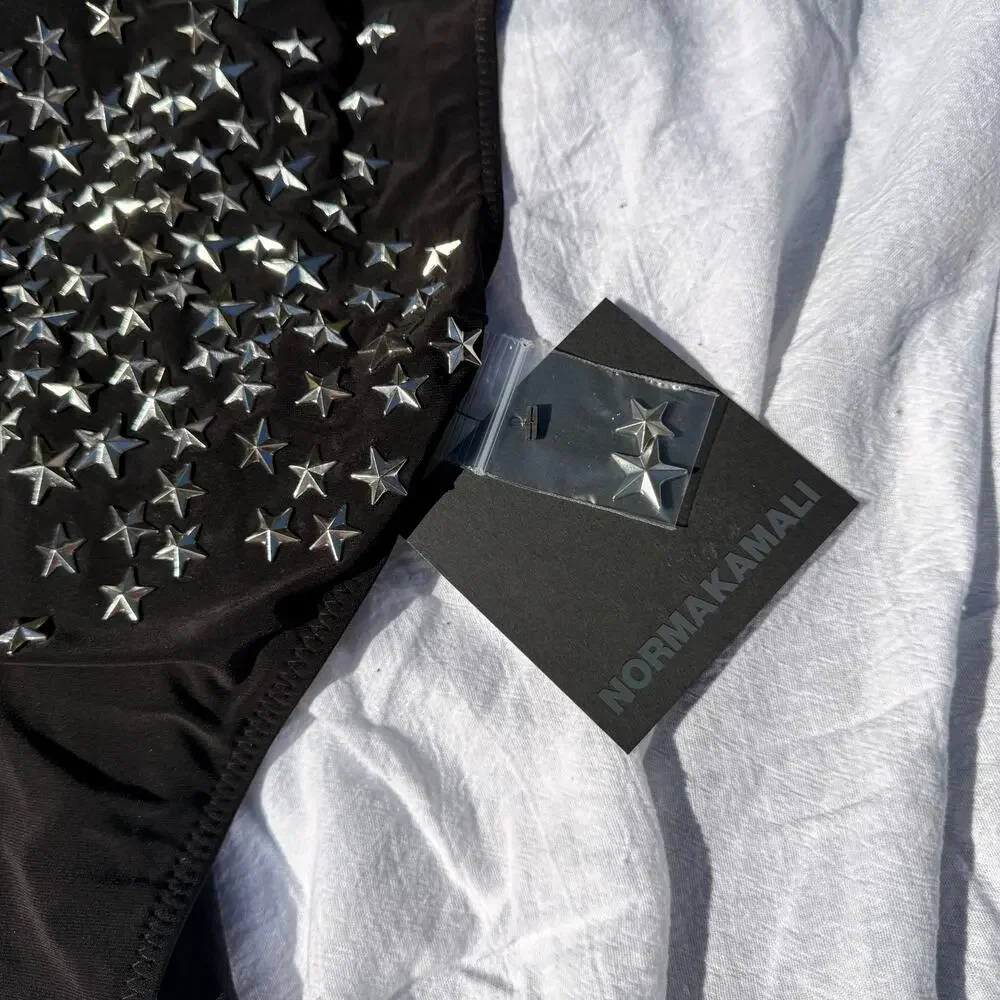 Norma Kamali Marissa Swimsuit Size XL Star Stud Black Silver High Cut Baddie NWT